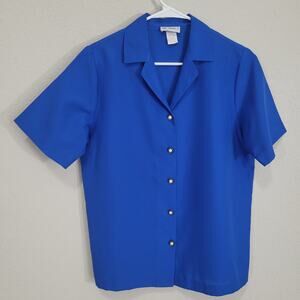 Vintage Button Up Short Sleeve Blouse Vicki Waynes Womens M Blue Made in USA 80s